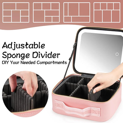 Makeup Bag with LED Mirror Travel Large Train Case Cosmetic Organizer Make Up Bags with 3 Color Lights and Adjustable Dividers