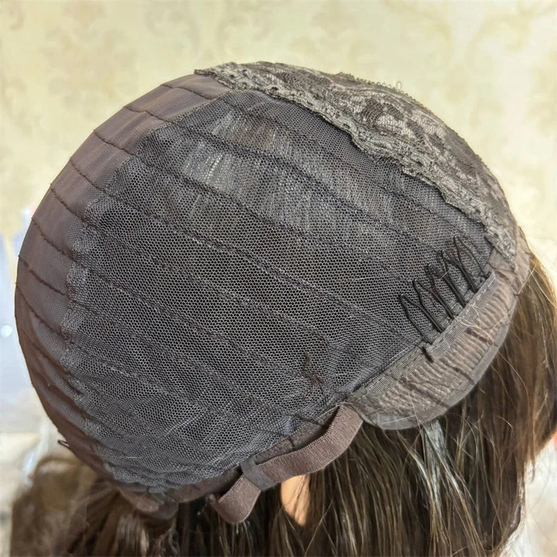 Short Straight Bob with Bangs Ombre Chocolate Brown with Blonde Streaks Synthetic Lace Front Wig Heat Resistant Fibre Wig Daily