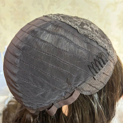 Short Straight Bob with Bangs Ombre Chocolate Brown with Blonde Streaks Synthetic Lace Front Wig Heat Resistant Fibre Wig Daily