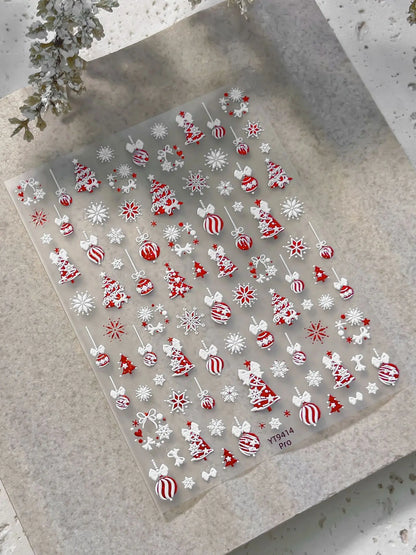 Tender Blue Christmas Tree Hanging Ball Ribbon Gold Star Snowflakes Bowknot Ring Adhesive Nail Charms Art Sticker Manicure Decal