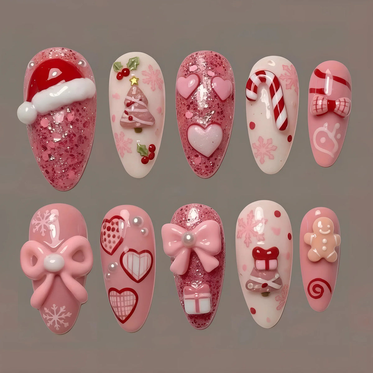 24Pcs Christmas Pink Flower Press on Nails Snowman Christmas Tree Detachable Full Cover Nail Gilded Bow Elk Gift Stick on Nails