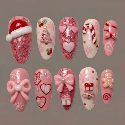 24Pcs Christmas Pink Flower Press on Nails Snowman Christmas Tree Detachable Full Cover Nail Gilded Bow Elk Gift Stick on Nails