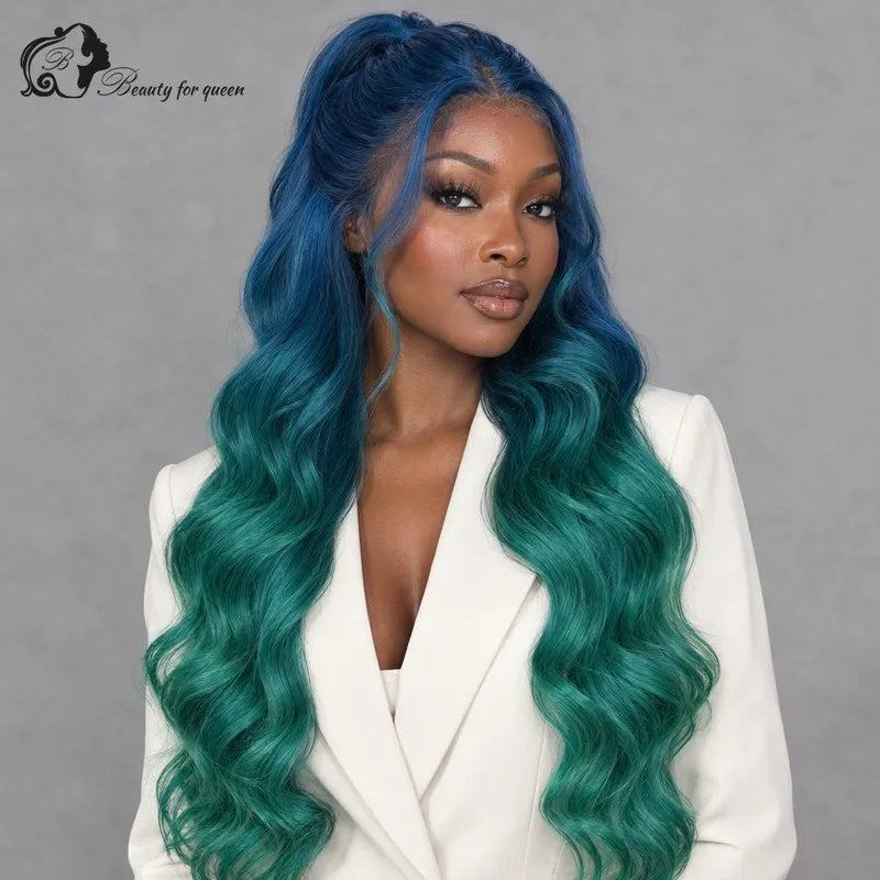 Middle Blue Green Ombre Body Wave Wig Mid Length Heat Friendly New Natural Colored Glossy Brazilian Bold Cosplay Extensions