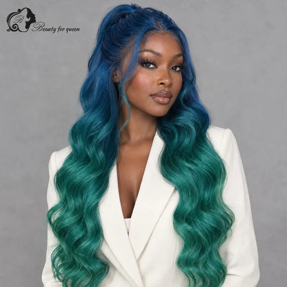Middle Blue Green Ombre Body Wave Wig Mid Length Heat Friendly New Natural Colored Glossy Brazilian Bold Cosplay Extensions