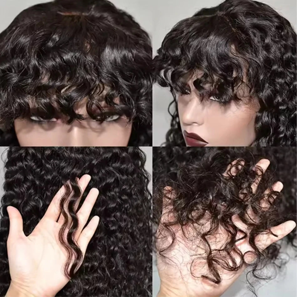 30inch Water Wave Human Hair Wigs With Bang Glueless Fringe Wig Kinky Deep Water Wig With Bangs Full Machine Made Wig Easy To Go
