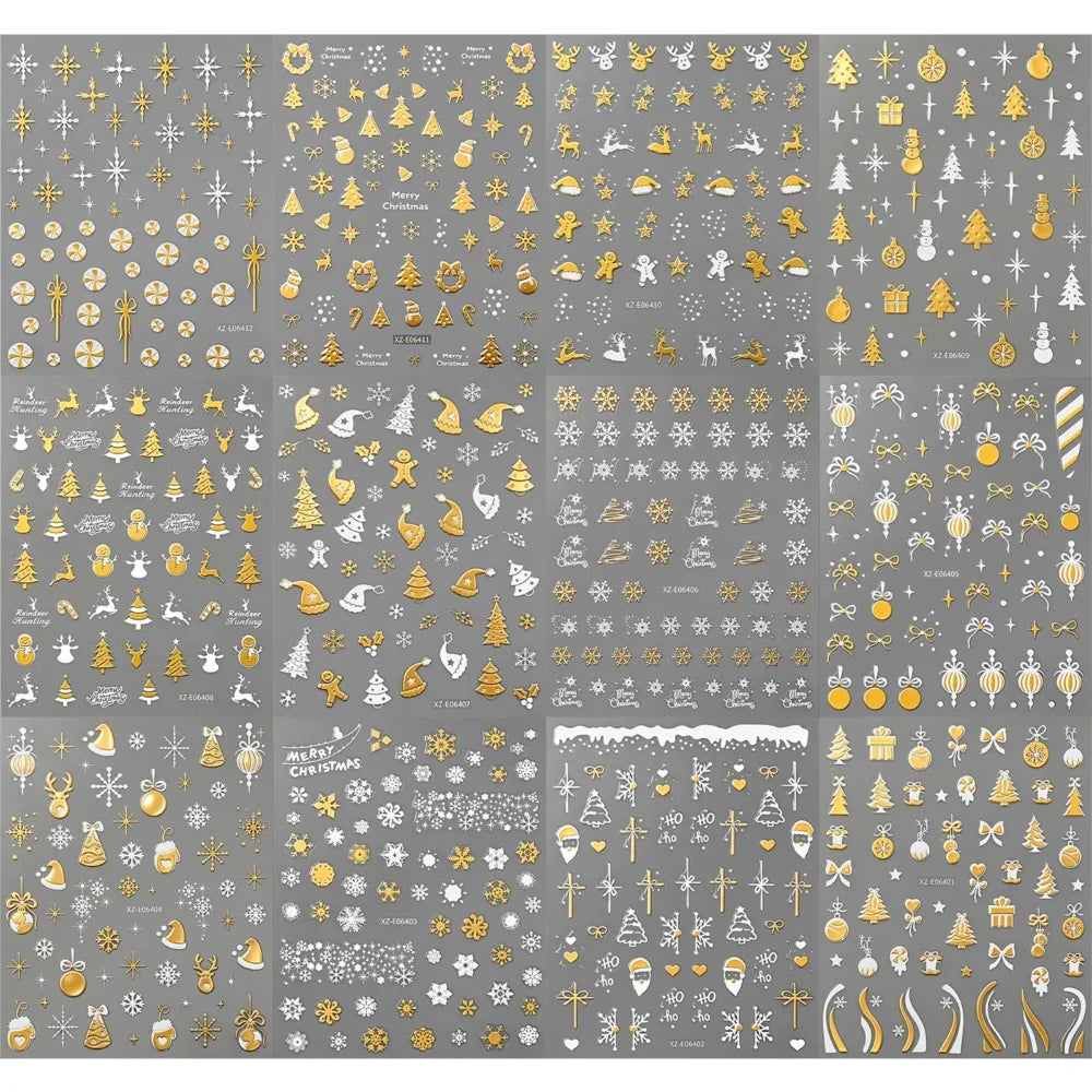 12pcs Gold White Snowflakes Snowman Santa Claus Christmas Nail Stickers Xmas Tree Elk Bow Nail Decals Winter Xmas Nail Supplies
