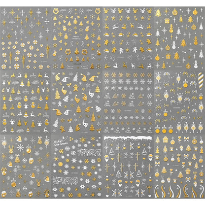 12pcs Gold White Snowflakes Snowman Santa Claus Christmas Nail Stickers Xmas Tree Elk Bow Nail Decals Winter Xmas Nail Supplies