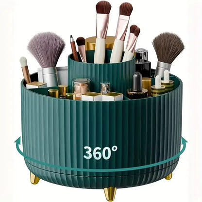 Rotating Makeup Organizer, Cosmetic Display Case with Brush Holder Perfume Tray, Storage Carousel for Vanity Bathroom Countertop