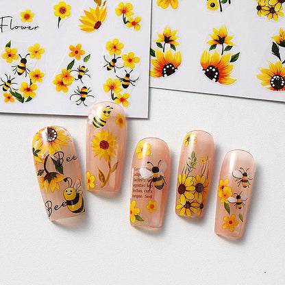 Bee Sunflower Floral Nail Art Stickers with Yellow Daisy Flower Garden Nail Decals Self-Adhesive Sliders DIY Nail Supplies