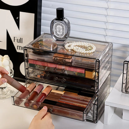 1pc Desktop Drawer Style Acrylic Transparent Black Cosmetics Storage Box Desktop Stackable Office Supplies Skincare Organizer