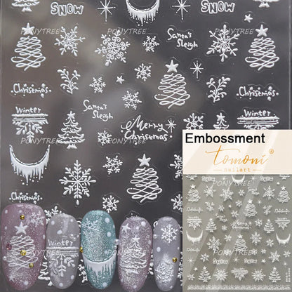 Tender Blue Christmas Tree Hanging Ball Ribbon Gold Star Snowflakes Bowknot Ring Adhesive Nail Charms Art Sticker Manicure Decal
