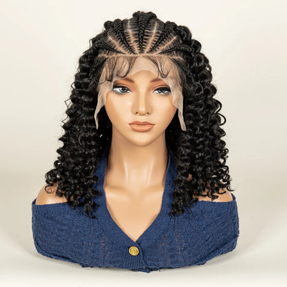 Cornrow Braided Curly Hair Wig Deep Wave Synthetic Hair Wigs with Baby Transparent 13x6 Lace Frontal 16in Hair Fits Black Women