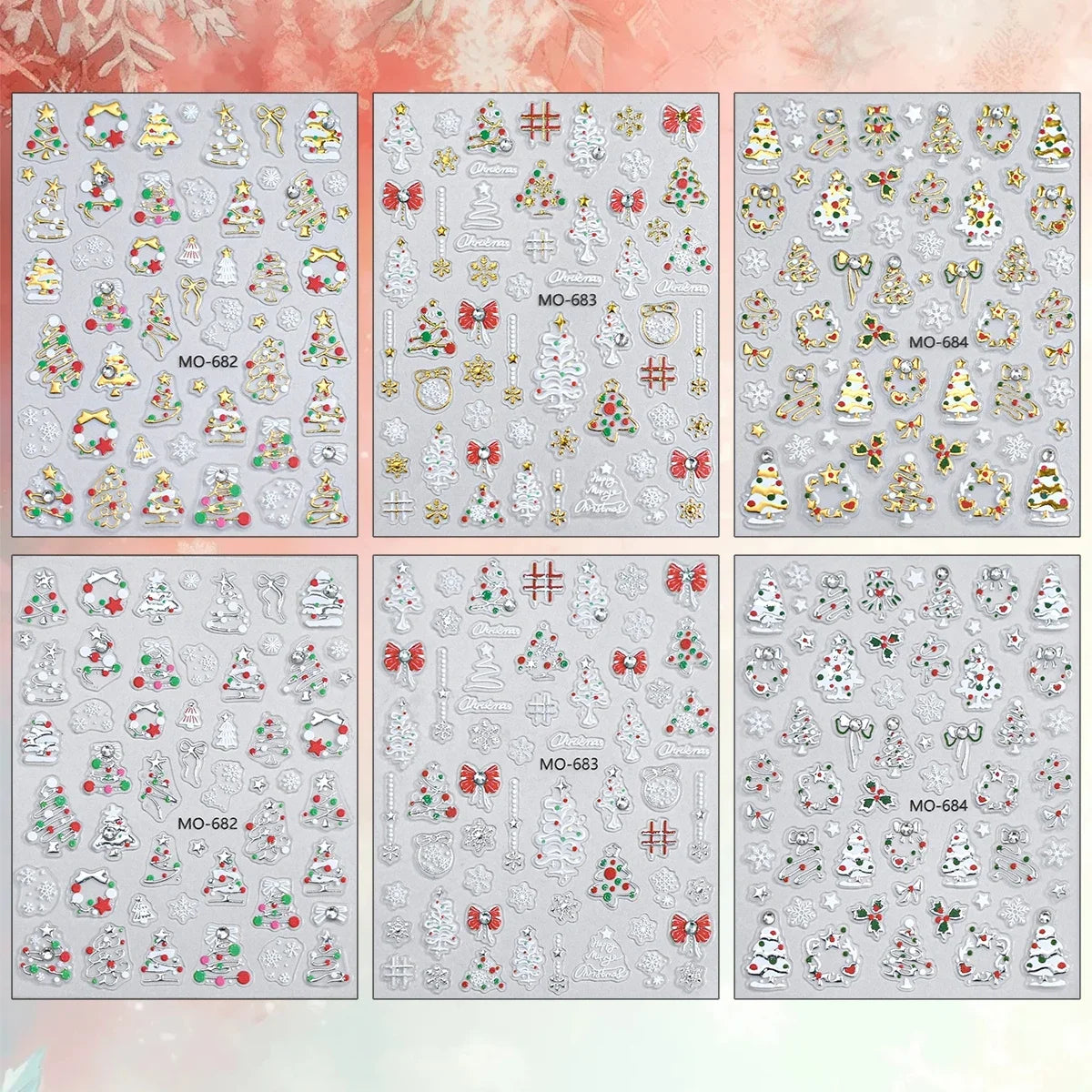 2 to 12 Sheets 5D Gold Silver Christmas Nail Decals Crystal Rhinestone Snowflake Xmas Tree Self Adhesive Nail Art Stickers