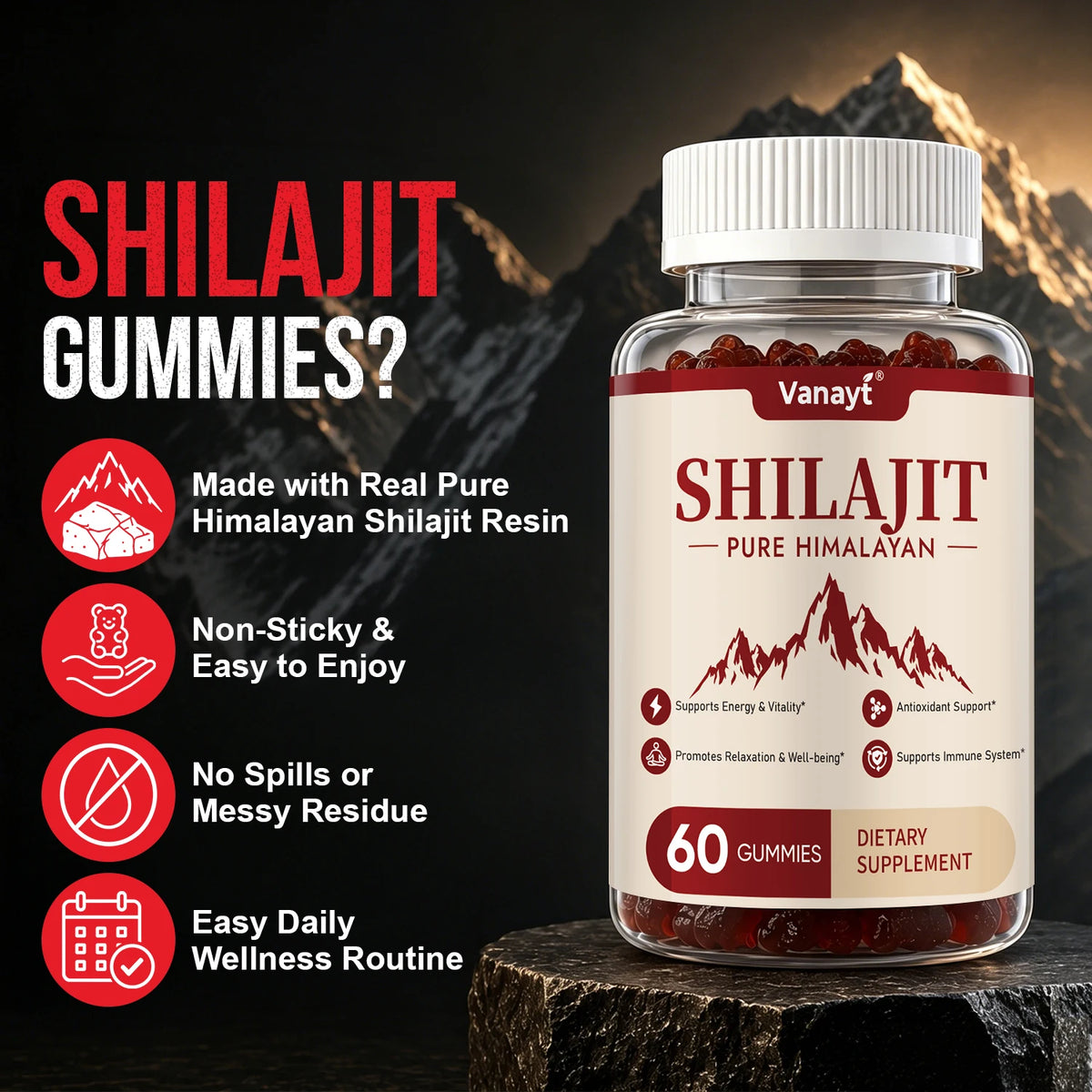 Vanayt Pure Himalayan Shilajit Gummies 3000mg Ashwagandha Ginger Herbal Supplement 60Pcs Support Energy Immunity Antioxidant