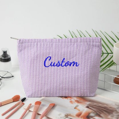 Customised Embroidery/Standard Style 2 Options, Bubble Gauze Striped Makeup Bag, Storage Pouch, Back-to-School Season