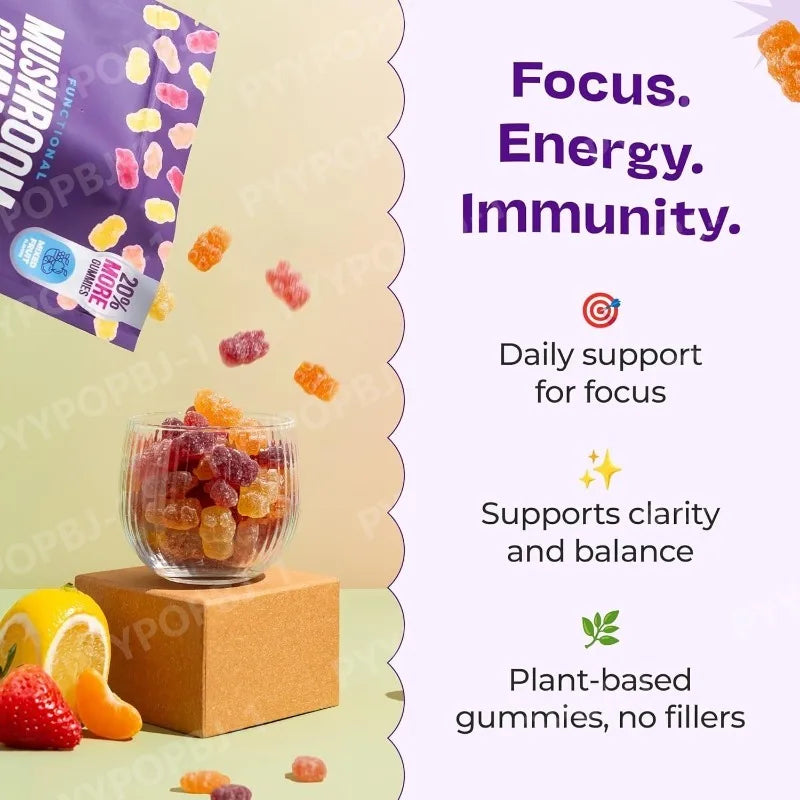 Mushroom Gummies with Ashwagandha Lion's Mane Reishi and Cordyceps, Vegan Gelatin Free Mixed Fruit Supplement