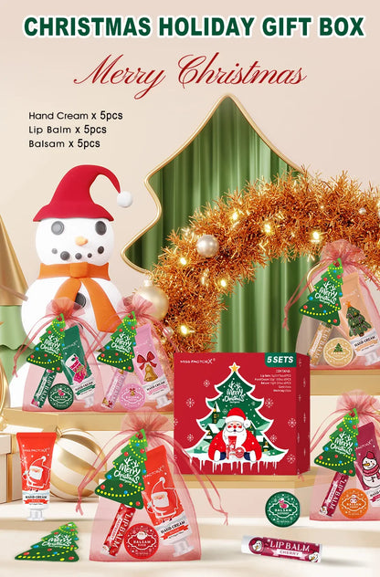 Christmas assembly gift set -5 sets, including balm, hand cream, lipstick, red gauze bag, Christmas tree thank you card