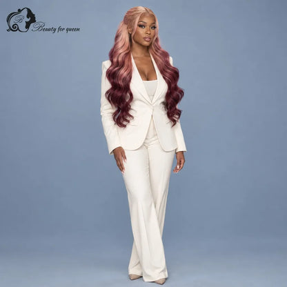 Brazilian Peach Burgundy Ombre Body Wave Wig Mid Length Quality Glossy HD Lace Colored Vivid Deep Hot Premium Transparent