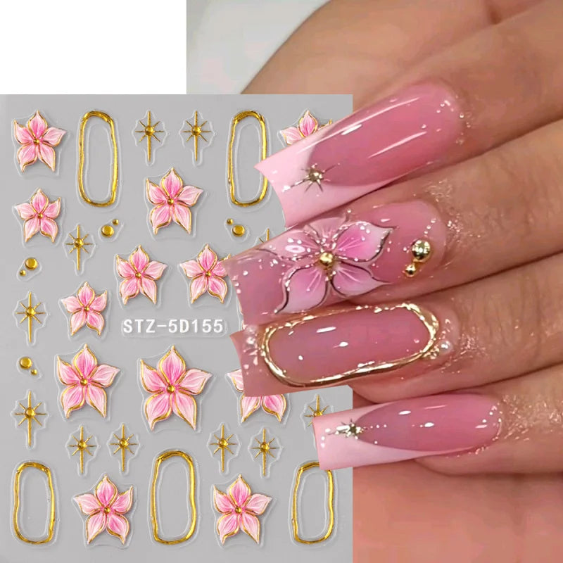 5D Floral Embossed Nail Stickers Bronzing Hibiscus Flower Petals Star Frame Elegant Nail Art Decals for Spring Summer Decor