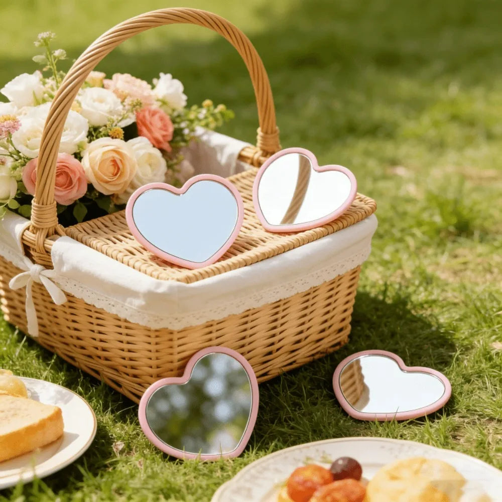 15 Pieces Set Heart Shaped Mini Mirrors with Pink Storage Bag Perfect for Travel Wedding Gifts and Korean Skincare Routines