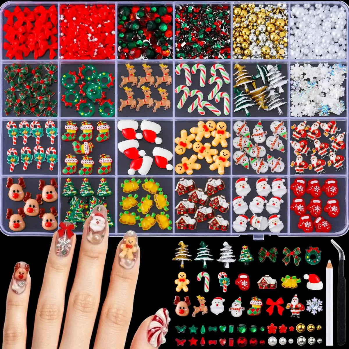 1Box Cartoon Creative Elk Santa Claus Gloves Bow Nail Art Decorations Cute Socks Bell Resin Nail Charms for DIY Christmas Nails