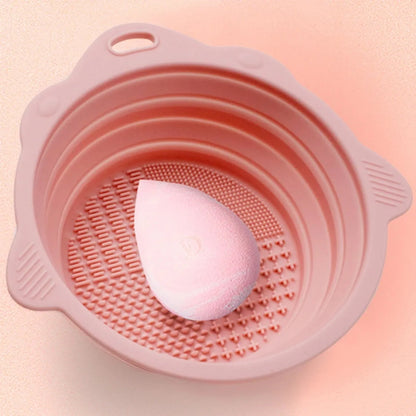 Multi-functional Silicone Makeup Brush Cleaning Bowl Powder Puff Beauty Washing Scrubber Pad with Folding Brush Holder