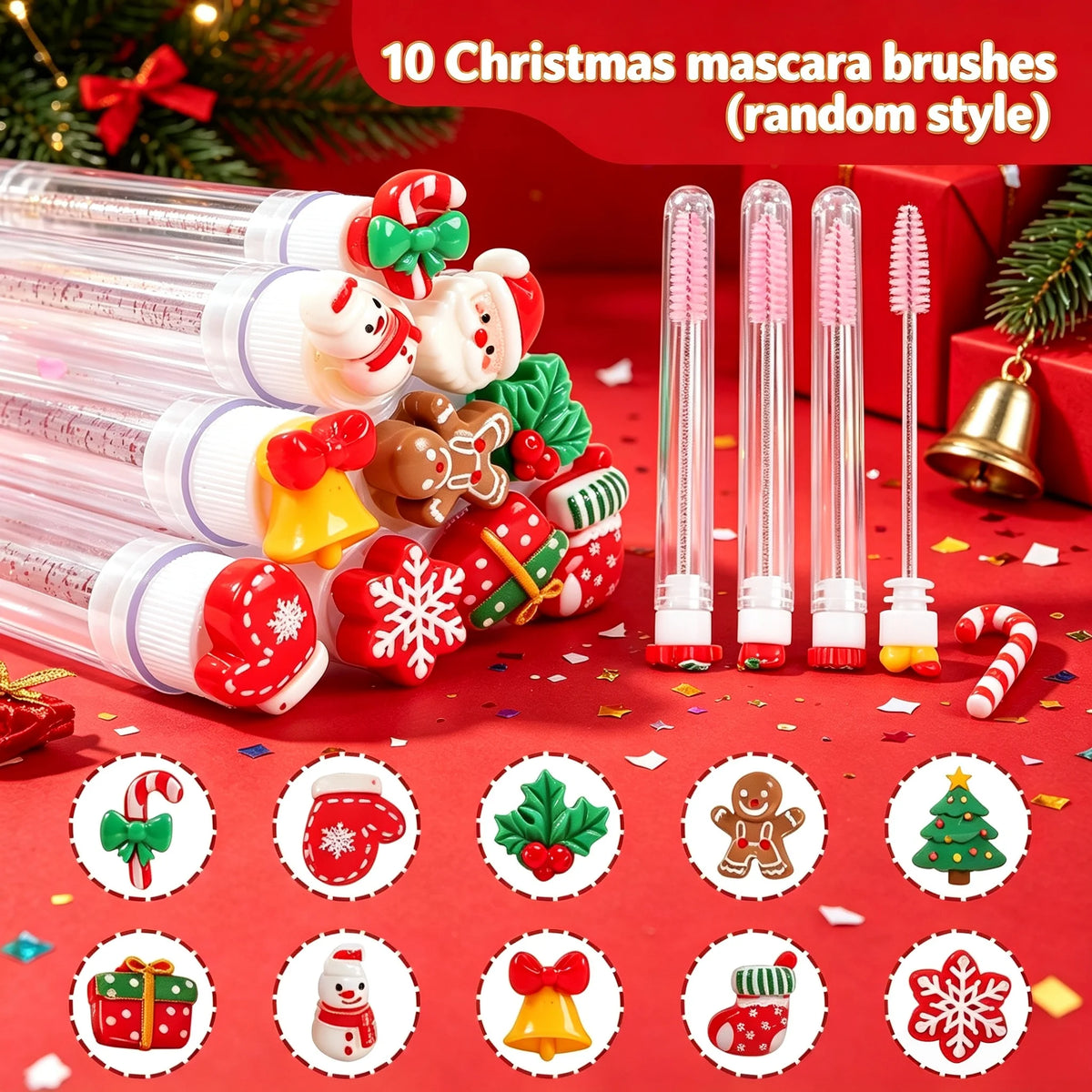 10Pcs Christmas Mascara Wands Disposable Eyelash Brushes Spoolies for Lash Extension Eyebrow Applicator Xmas Makeup Gift for Her