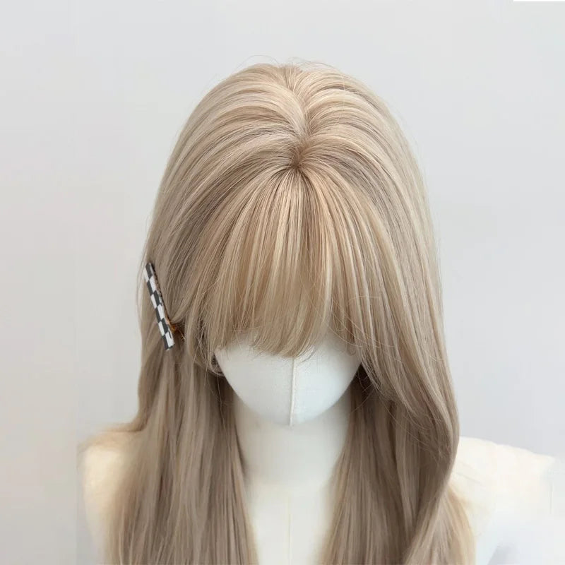 Blonde Wig with Bangs 22inch Medium Straight Hair Wig for Women Soft Natural Heat Resistant Fibers Synthetic Wigs 가발  Peluca