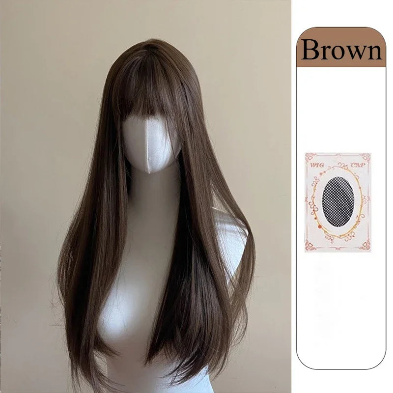 Black Wig with Bangs Long Straight Synthetic Wigs for Women 24inch Lolita Cute Natural High Temperature Fibers for Daily Use 가발