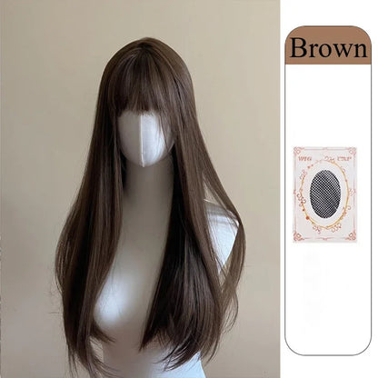 Black Wig with Bangs Long Straight Synthetic Wigs for Women 24inch Lolita Cute Natural High Temperature Fibers for Daily Use 가발