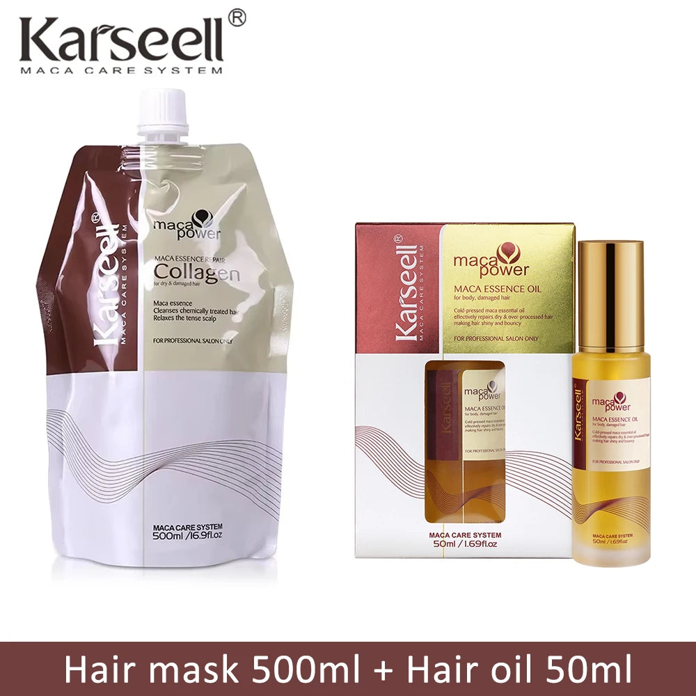 Karseell Hair Mask 500ml + Argan Oil 2pcs Set Deep Repair Conditioning Hair Serum Collagen Hair Treatment for Dry Damaged Hair