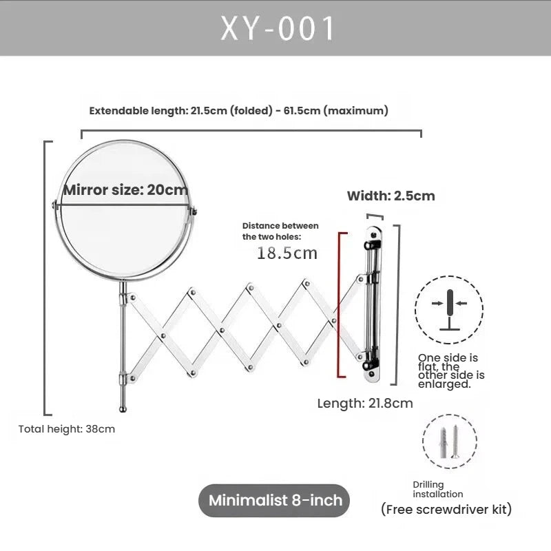 Stretchable Portable Hotel Bathroom Magnifying Makeup Mirror, Telescopic Folding Mirror, Self-Hanging Wall-Attached Double-Sided