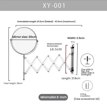 Stretchable Portable Hotel Bathroom Magnifying Makeup Mirror, Telescopic Folding Mirror, Self-Hanging Wall-Attached Double-Sided