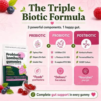 Probiotic Kombucha Gummies Berry 30 Ct Prebiotic Postbiotic Gut Health Digestion Bloating Relief Immune Vegan Non-GMO Supplement