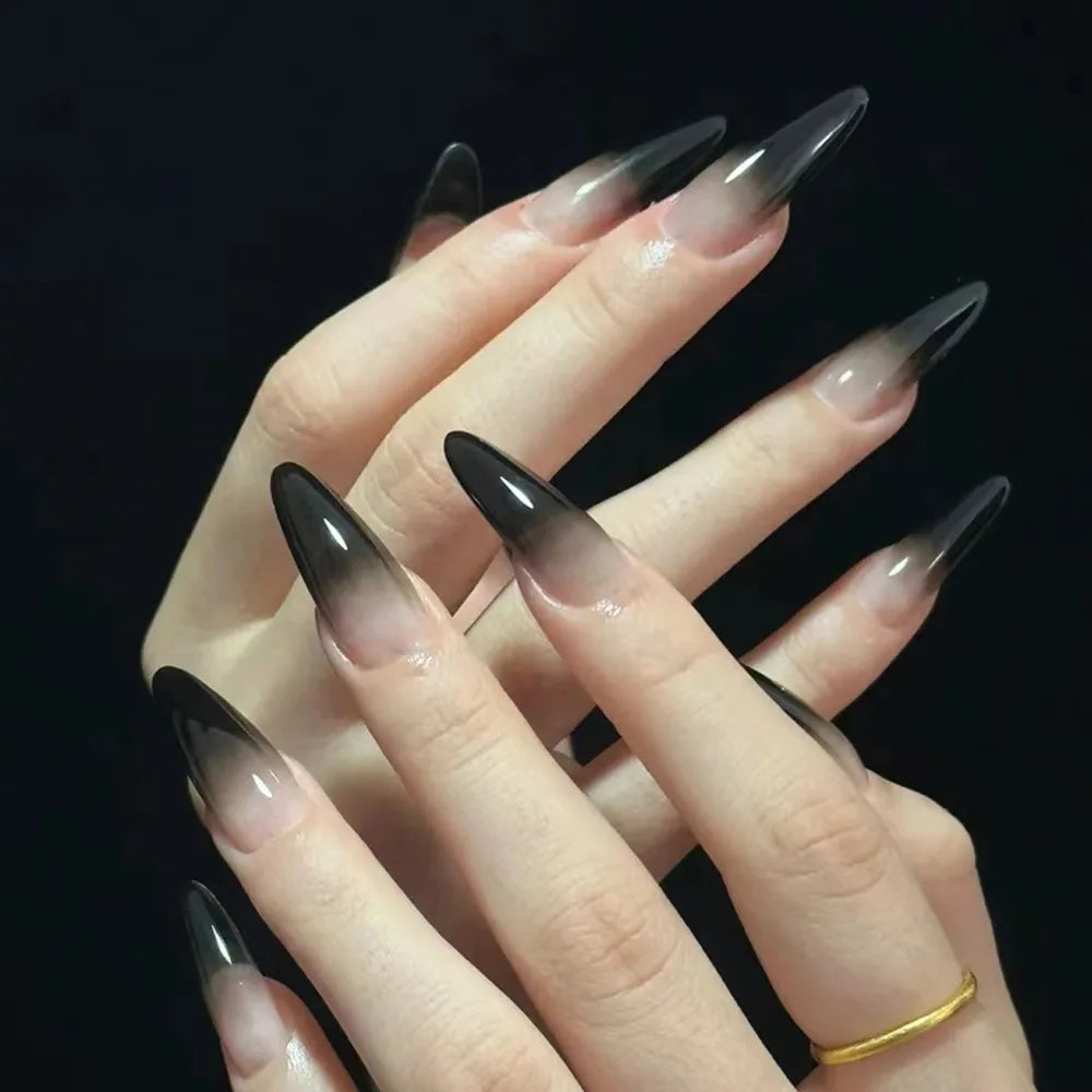 24pcs Pure Black Fake Nails Almond Fashion Charm Manicure Reusable False Nails For Spicy Girls Wearable Press On Nail Patch