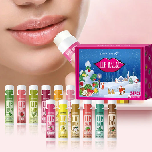 24PCS/ Box 12 Kinds of Flower and Fruit Lip Balm Set Gift Natural Fragrance Moisturizing Exfoliating and Brightening Lip Color