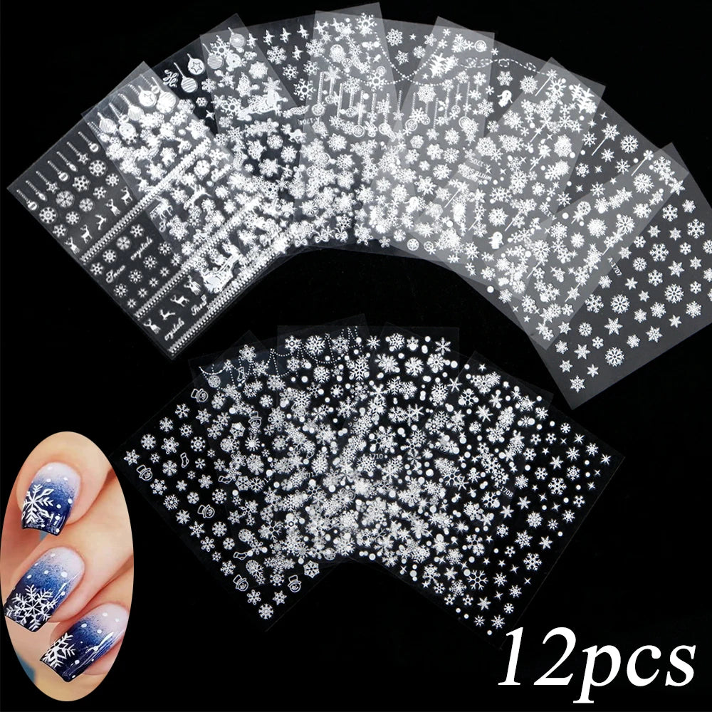 30Sheet/Set Christmas Nail Stickers 3D White Self Adhesive Snowflake Nail Sliders DIY Children New Year Stickers for Nails