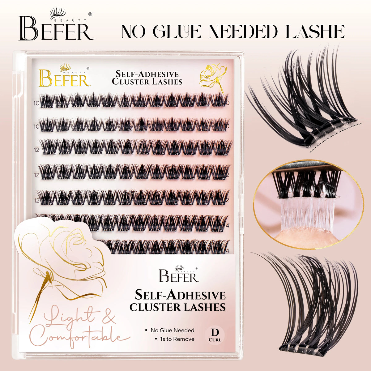 Befer Self-Adhesive False Eyelashes Glue-Free Lash Clusters Makeup D Curl Fluffy Manga Natural Soft Lash For Beginners Easy