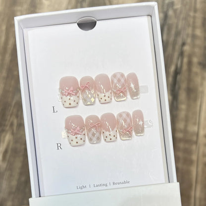 10Pcs Sweet Mid-length Ballet False Nails Art Fashion Pink Cat Eye Lovely Bow Wearable Finished Nails Set Summer Acrylic Nails