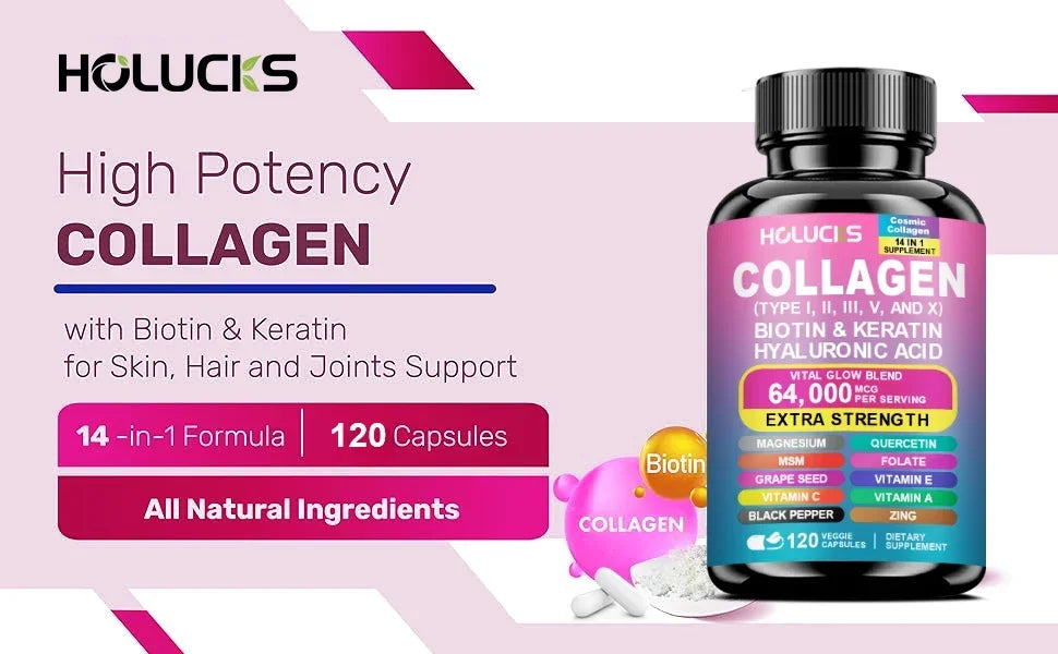 Collagen Capsules with Vitamin A C E Biotin, Support Skin Nail Joint Health, Hair Growth, Anti Aging, Firming, Whitening, Energy