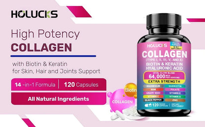 Collagen Capsules with Vitamin A C E Biotin, Support Skin Nail Joint Health, Hair Growth, Anti Aging, Firming, Whitening, Energy