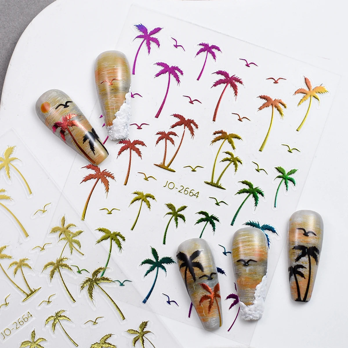2/4/8/12/20 Sheets 3D Palm Tree Nail Stickers Tropical Coconut Tree Seagull Self Adhesive Summer Beach Nail Decals