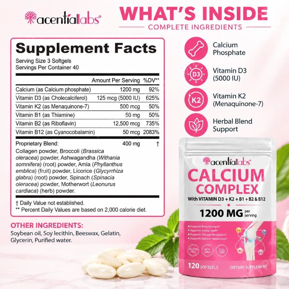 Calcium 1200mg D3 K2 B12 Softgels for Bone Strength, Teeth, Muscle, Heart & Immune Health, Gluten Free & Non-GMO, 120 Softgels