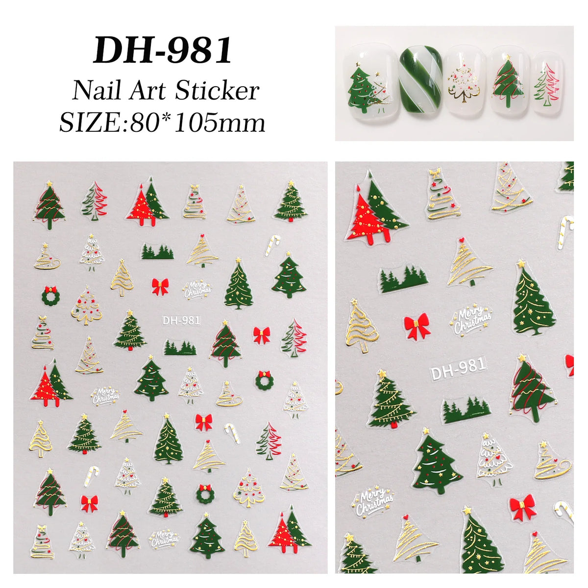 3pcs Christmas nail stickers - featuring green trees, red bows, and gold decorations - self-adhesive tree snowflake stickers