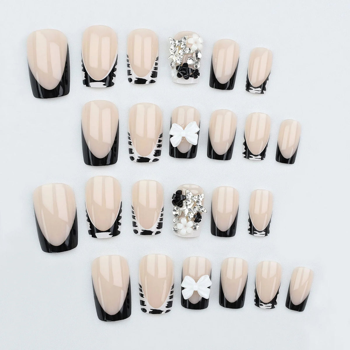 Y2K 24Pcs Set French Style Black & White Tie Dye Polka Dot Press-On Nails, Reusable, With Bowknot, Star Rhinestones, Cute & Chic, Suitable For Dates, Spring, New Year, Christmas, Daily, Birthday, Festival, Spring/Summer New A
