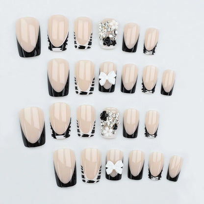 Y2K 24Pcs Set French Style Black & White Tie Dye Polka Dot Press-On Nails, Reusable, With Bowknot, Star Rhinestones, Cute & Chic, Suitable For Dates, Spring, New Year, Christmas, Daily, Birthday, Festival, Spring/Summer New A