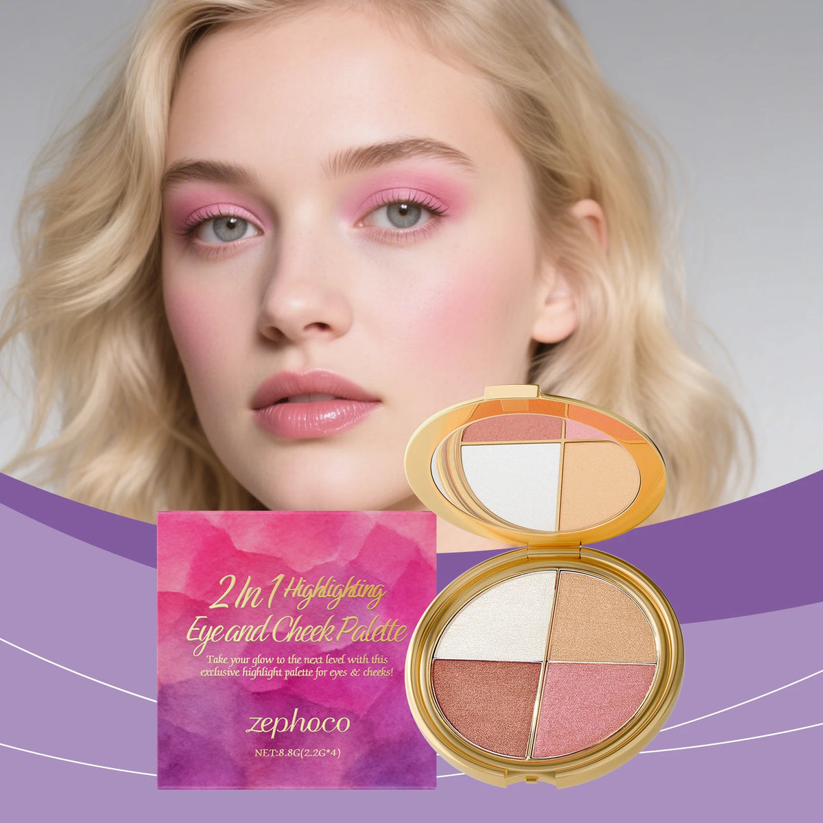 3-In-1 Face Palette Highly Pigmented Fine Powder Highlighter Shimmer Eyeshadow Silky Blush Multi-Functional Brightening Palette