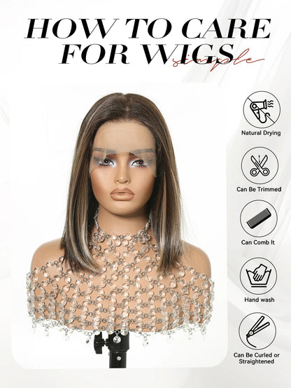 13x6 HD Transparent Lace Front Bob Wig 12" Short Straight Highlight Brown Blonde Synthetic Wigs for Women Glueless Pre Plucked