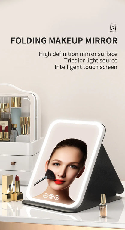 Makeup Mirror LED Dimmable Portable Foldable Design with Touch Screen 3 Colors Light Stepless USB Charging for Beauty Fashion