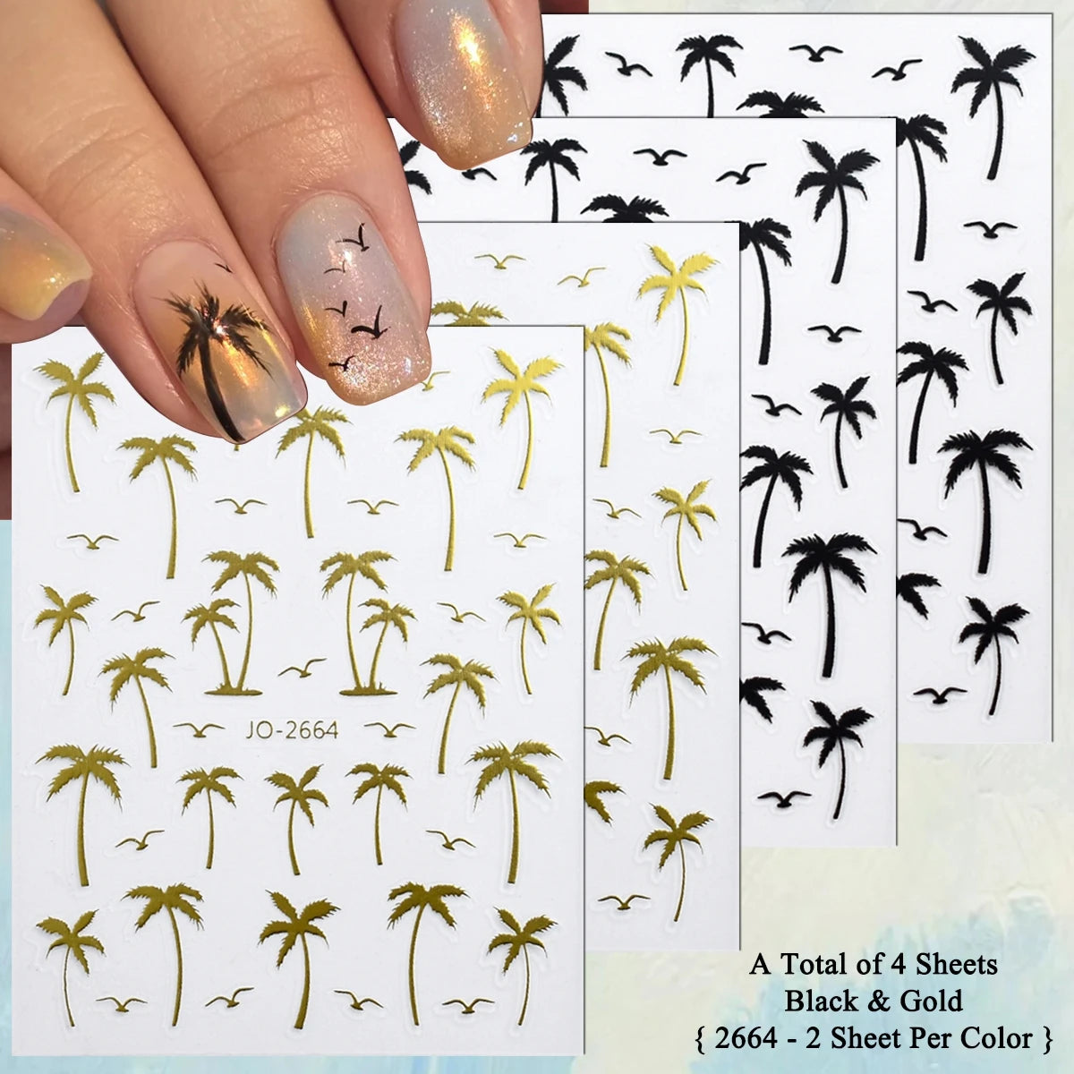 2/4/8/12/20 Sheets 3D Palm Tree Nail Stickers Tropical Coconut Tree Seagull Self Adhesive Summer Beach Nail Decals